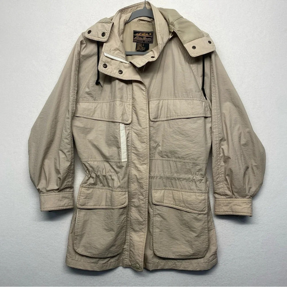 Eddie Bauer Nylon Anorak Jacket Beige Detatchable Hood S Wasit Cinch - Picture 1 of 12
